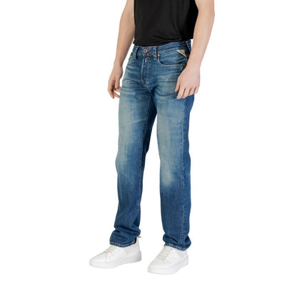 Jeans by Replay for men in denim cotton blue features a polished silhouette with a polished relaxed-fit & regular-fit, reaching a polished and finished with a polished .