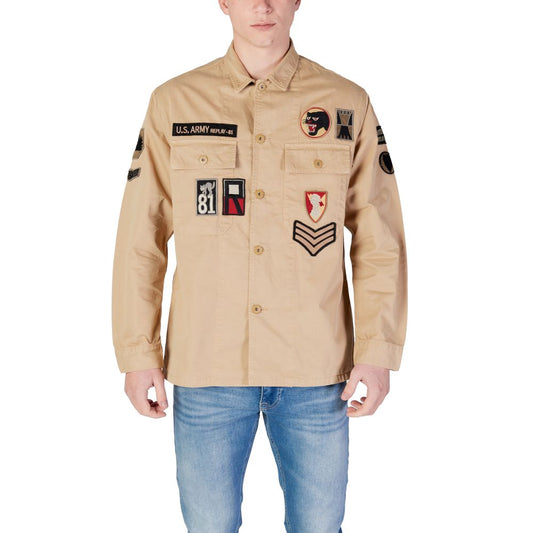 Shirt by Replay for men in cotton beige showcases a sleek silhouette, elegantly detailed with a sleek and for a sleek finish.