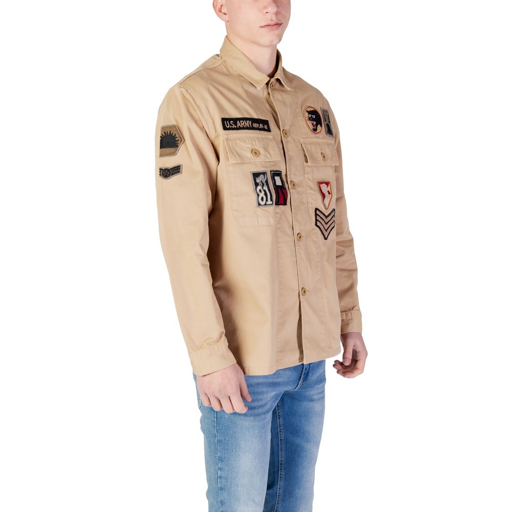 Shirt by Replay for men in cotton beige showcases a sharp silhouette, elegantly detailed with a sharp and sharp .