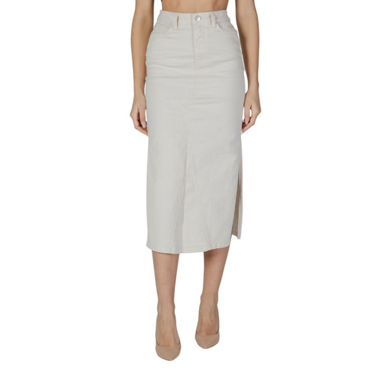Skirt by Vila Clothes for women in stretch polyester cotton cream showcases a dramatic silhouette, artfully capturing the essence of the Women's Midi Long Straight High-Rise Stretch Polyester Cotton Skirt in a dramatic midi long cut for a refined look.