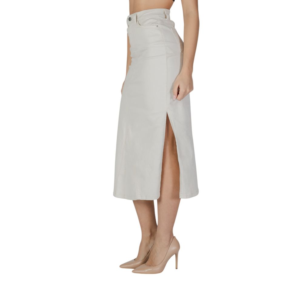Skirt by Vila Clothes for women in stretch polyester cotton cream showcases a sultry silhouette, elegantly defined by its midi long and the sophisticated sultry design of the Women's Midi Long Straight High-Rise Stretch Polyester Cotton Skirt.