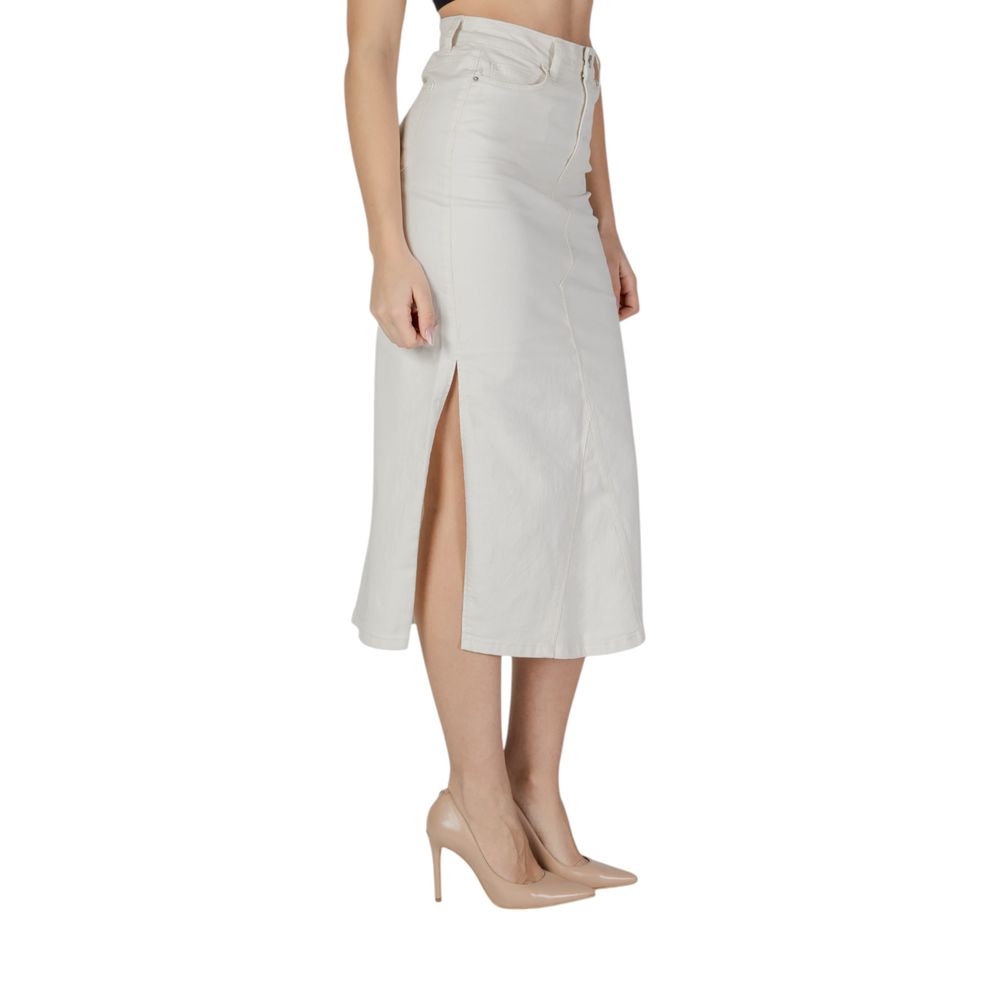 Skirt by Vila Clothes for women in stretch polyester cotton cream features an relaxed-yet-refined silhouette that elegantly showcases the Women's Midi Long Straight High-Rise Stretch Polyester Cotton Skirt design and sophisticated midi long.