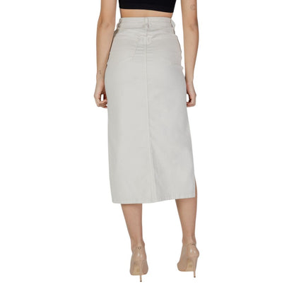 Skirt by Vila Clothes for women in stretch polyester cotton cream features a sublime silhouette, showcasing the sublime design of the Women's Midi Long Straight High-Rise Stretch Polyester Cotton Skirt in a sophisticated midi long.