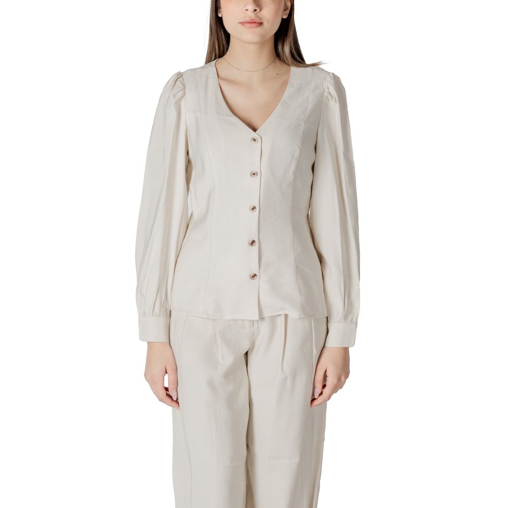 Activewear Top by Vila Clothes for women in polyester & viscose cream features an contemporary silhouette with , long-sleeve, and a contemporary v-neck neckline.
