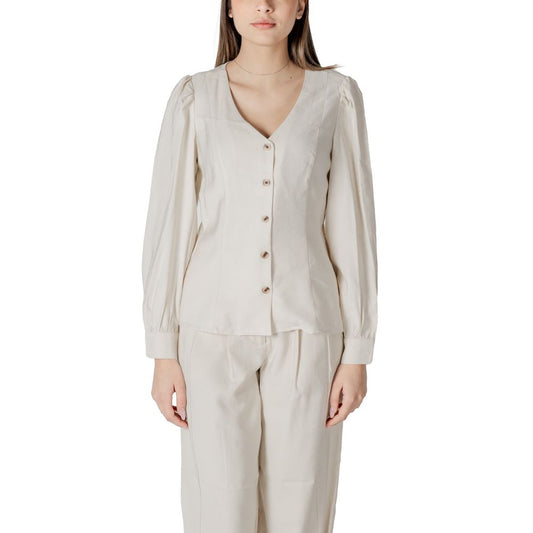 Activewear Top by Vila Clothes for women in polyester & viscose cream features an contemporary silhouette with , long-sleeve, and a contemporary v-neck neckline.