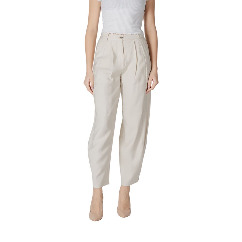 Trousers by Vila Clothes for women in polyester & viscose cream presents a smart silhouette, meticulously detailed with a smart wide, a smart long, and a smart high rise.