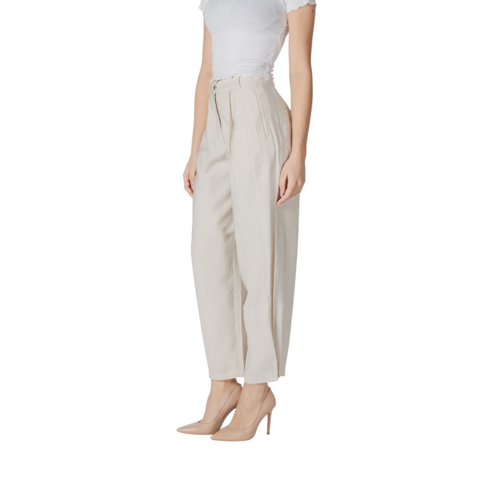 Trousers by Vila Clothes for women in polyester & viscose cream features an sartorial silhouette, showcasing a precise wide and long with a sartorial high rise for a refined look.