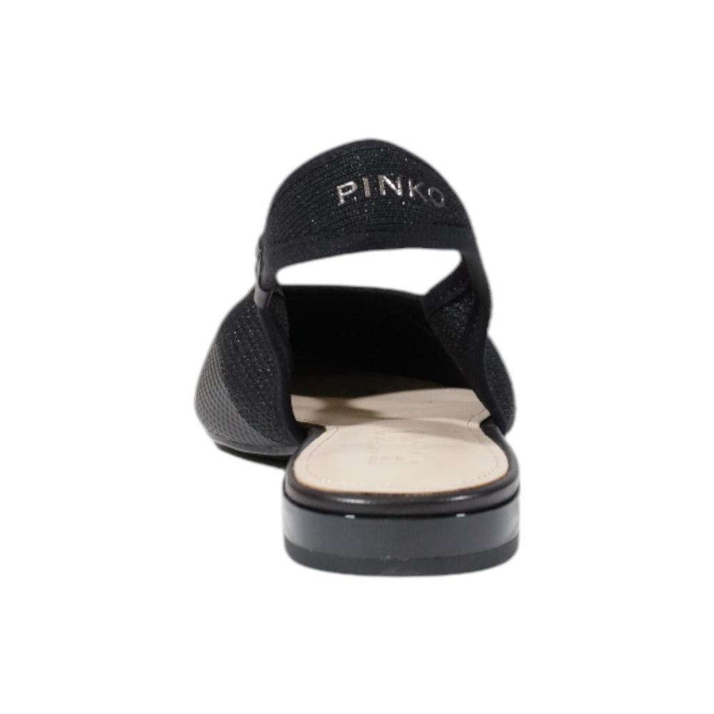 Flat Slingback Sandals by PINKO for women in leather & lurex black features an architectural silhouette, showcasing the architectural Women's Leather & Lurex Flat Slingback Sandals with a flat and pointed toe style.