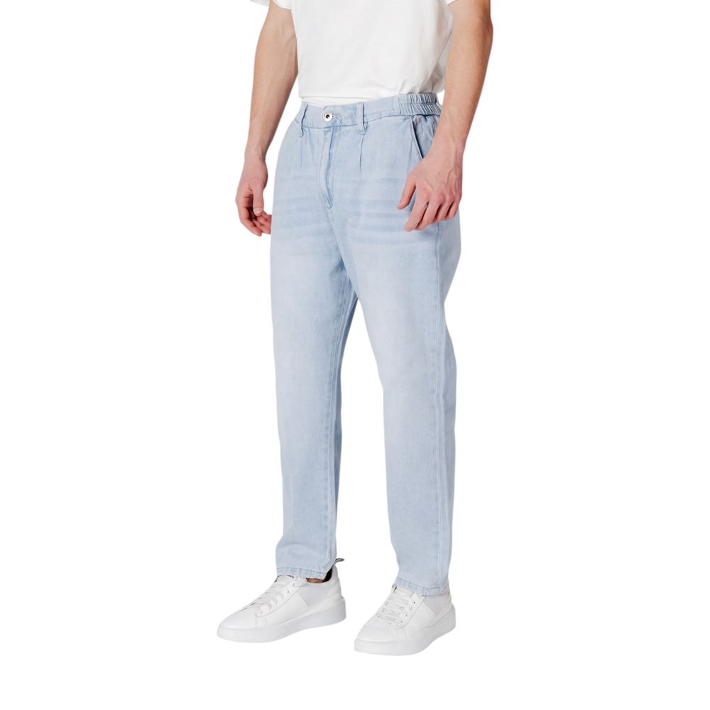 Jeans by Gianni Lupo for men in denim cotton blue features a polished silhouette with a polished tapered-leg & slim, reaching a polished long and finished with a polished .