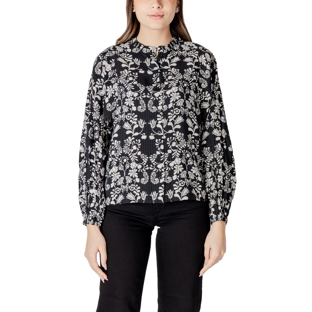 Shirt by ICHI for women in polyamide viscose black & floral, featuring a nuanced and nuanced mandarin neckline for a sophisticated finish.