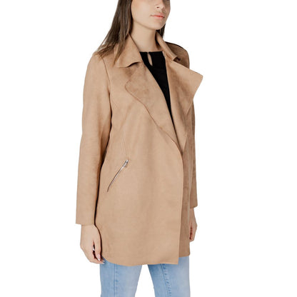 Trench Coat by Street One for women in stretch polyester beige features an dramatic silhouette, perfectly showcasing the elegant lapel neckline and sophisticated pockets for a truly dramatic aesthetic.