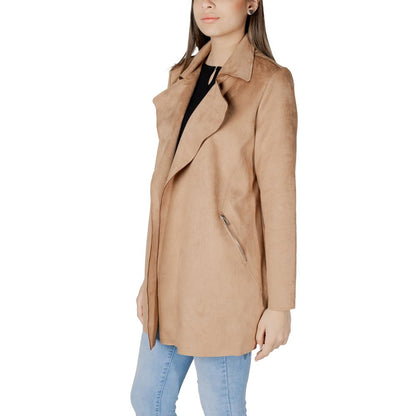 Trench Coat by Street One for women in stretch polyester beige presents a distinguished silhouette, artfully detailed with pockets and a distinguished lapel neckline for a sophisticated, distinguished finish.