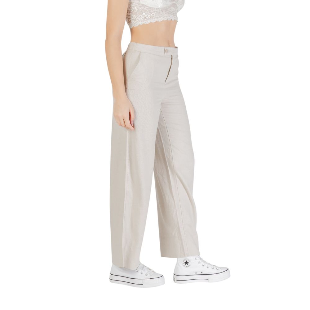 Trousers by Only for women in linen & viscose beige features a artisanal silhouette, showcasing a sophisticated wide with a long and for a artisanal finish.