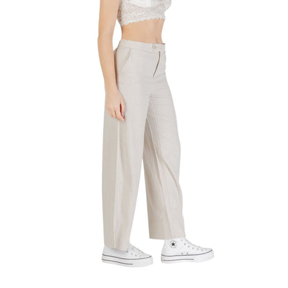 Trousers by Only for women in linen & viscose beige features a artisanal silhouette, showcasing a sophisticated wide with a long and for a artisanal finish.