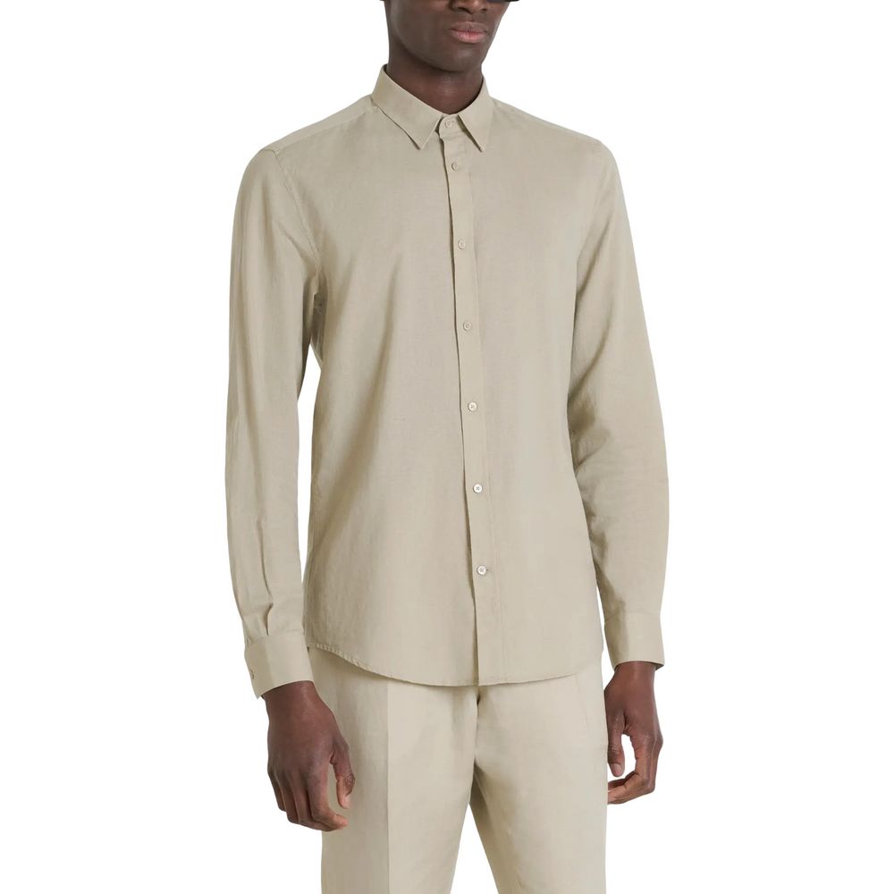 Shirt by Antony Morato for men in linen & cotton beige features an architectural silhouette with a refined long-sleeve and elegant for a architectural look.
