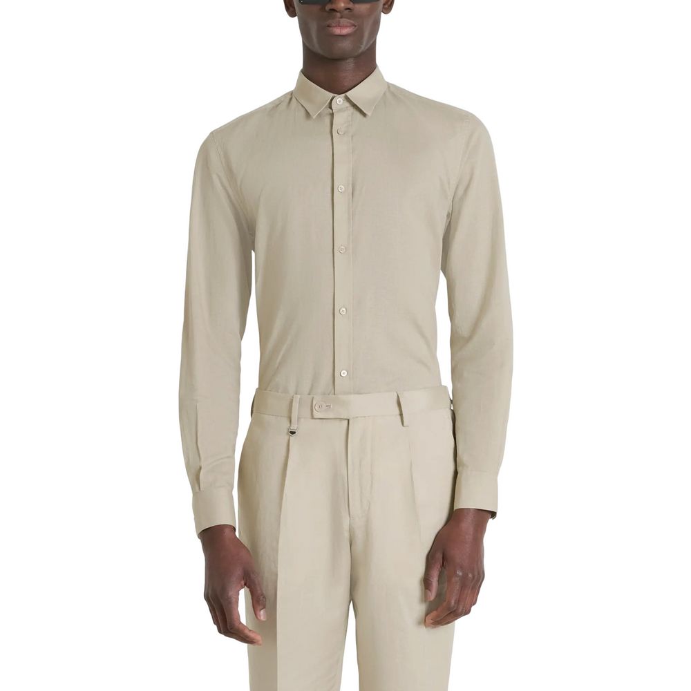 Shirt by Antony Morato for men in linen & cotton beige features an polished silhouette, showcasing a sophisticated and detail for a truly polished finish.