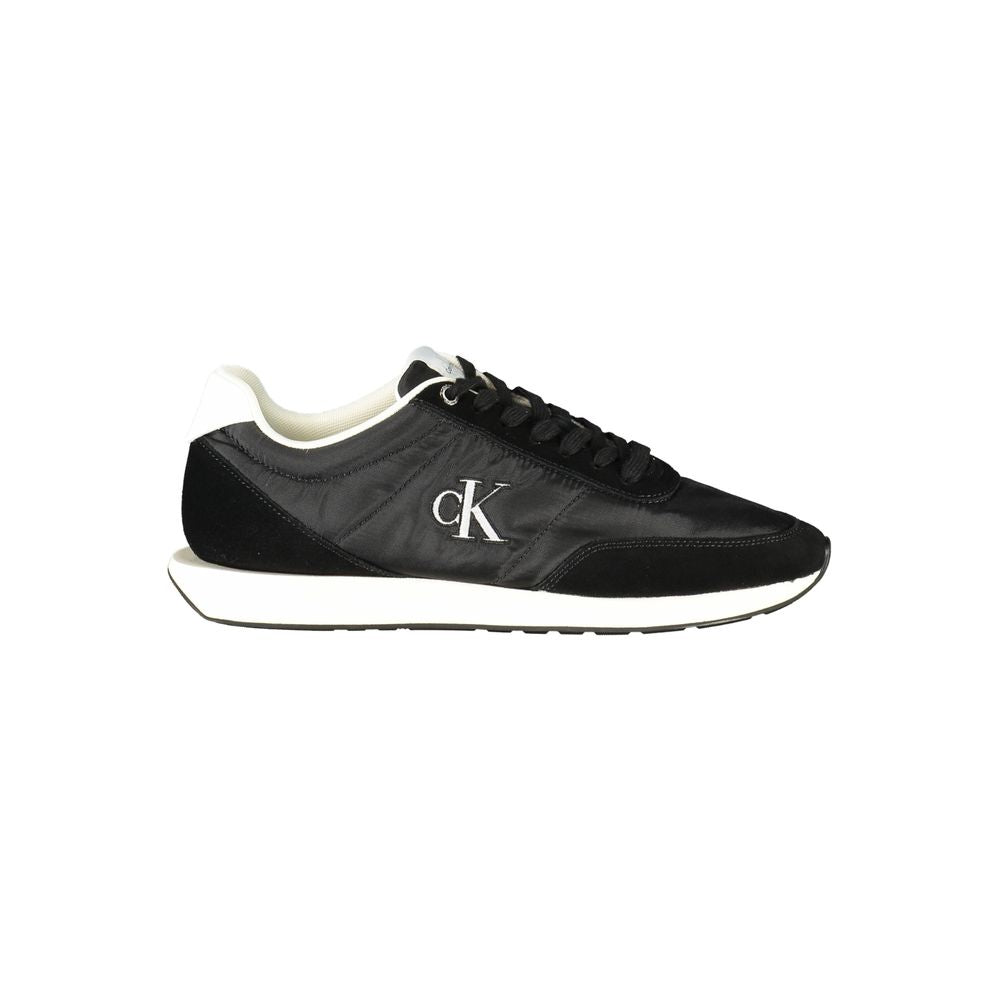 Athletic Sneakers by Calvin Klein for men in polyester polyethylene leather black & white showcases a architectural silhouette, artfully capturing the essence of the Men's Athletic Polyester Polyethylene Leather Sneakers with its signature architectural athletic style construction.