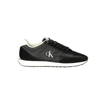 Athletic Sneakers by Calvin Klein for men in polyester polyethylene leather black & white showcases a architectural silhouette, artfully capturing the essence of the Men's Athletic Polyester Polyethylene Leather Sneakers with its signature architectural athletic style construction.