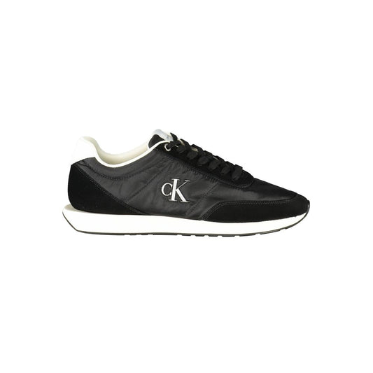 Athletic Sneakers by Calvin Klein for men in polyester polyethylene leather black & white showcases a architectural silhouette, artfully capturing the essence of the Men's Athletic Polyester Polyethylene Leather Sneakers with its signature architectural athletic style construction.