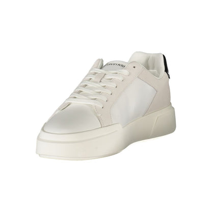 Athletic Sneakers by Calvin Klein for men in polyester polyurethane leather black & white features an architectural silhouette, showcasing the premium athletic style of the Men's Athletic Polyester Polyurethane Leather Sneakers with an architectural finish.