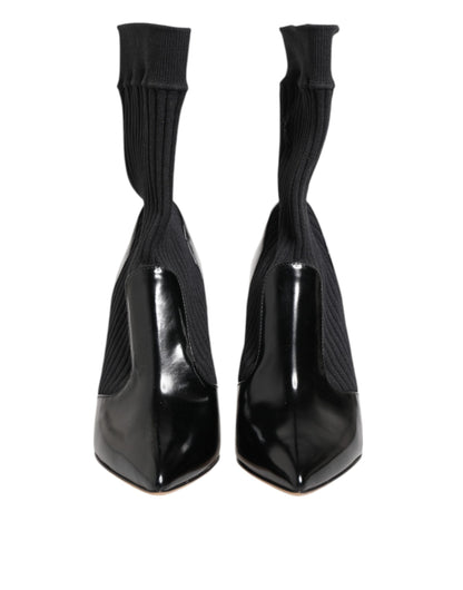 Dolce & Gabbana Women's Nylon Goat & Calf Leather High-Heel Stiletto Sock Ankle Short Boots - Black Signature
