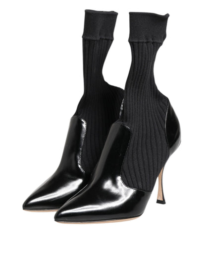Dolce & Gabbana Women's Nylon Goat & Calf Leather High-Heel Stiletto Sock Ankle Short Boots - Black Signature