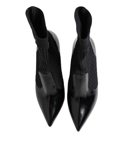 Dolce & Gabbana Women's Nylon Goat & Calf Leather High-Heel Stiletto Sock Ankle Short Boots - Black Signature
