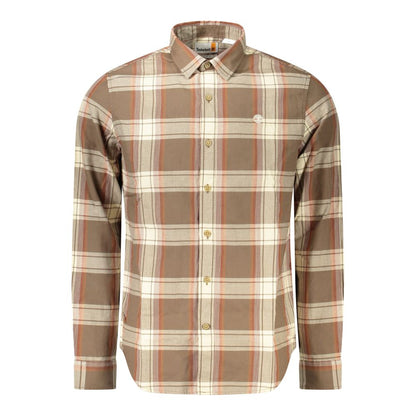Shirt by Timberland for men in cotton brown, patterned, tartan & signature, featuring a nuanced long-sleeve and nuanced for a sophisticated finish.