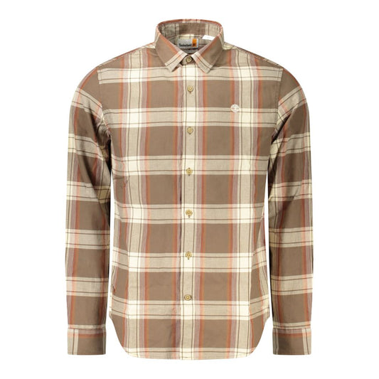 Shirt by Timberland for men in cotton brown, patterned, tartan & signature, featuring a nuanced long-sleeve and nuanced for a sophisticated finish.