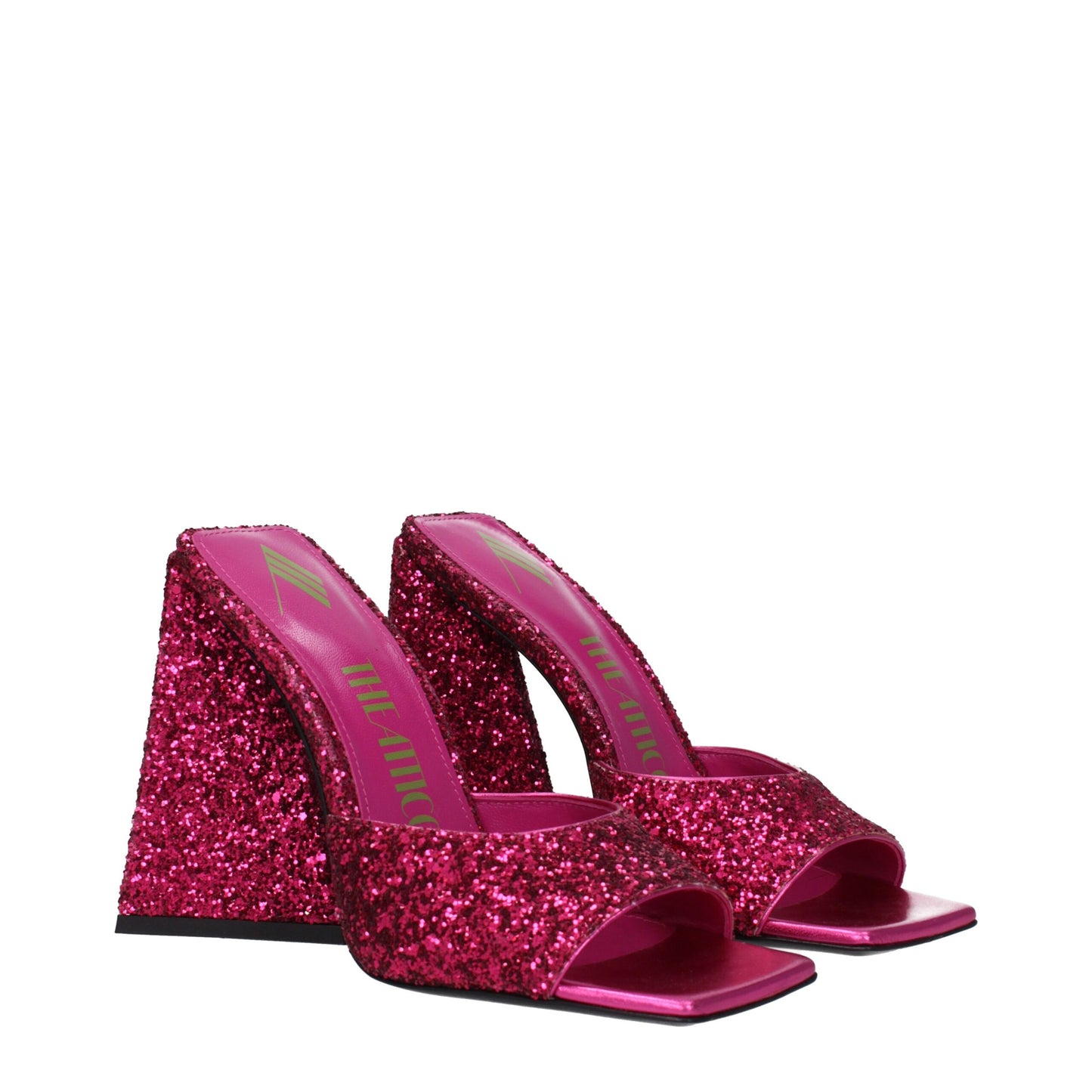 Very-High-Heel Platform Sandals by The Attico for women in leather & plastic and fuchsia & pink presents a captivating silhouette, showcasing the signature style of the Women's Leather & Plastic Very-High-Heel Platform Sandals with a captivating high-heel platform 11-5-cm-heel very-high-heel and captivating open toe style.