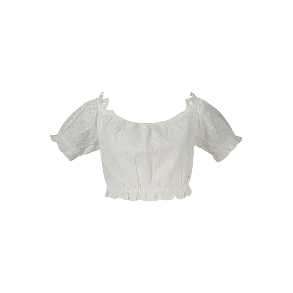 Blouse by Guess Jeans for women in cotton white showcases a sleek silhouette, elegantly detailed with a sleek boat neckline and short-sleeve for a sleek finish.