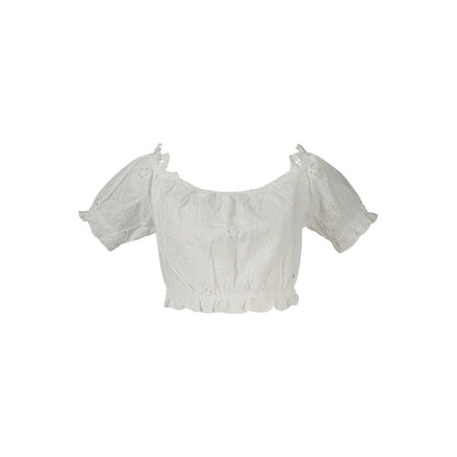 Blouse by Guess Jeans for women in cotton white showcases a sleek silhouette, elegantly detailed with a sleek boat neckline and short-sleeve for a sleek finish.