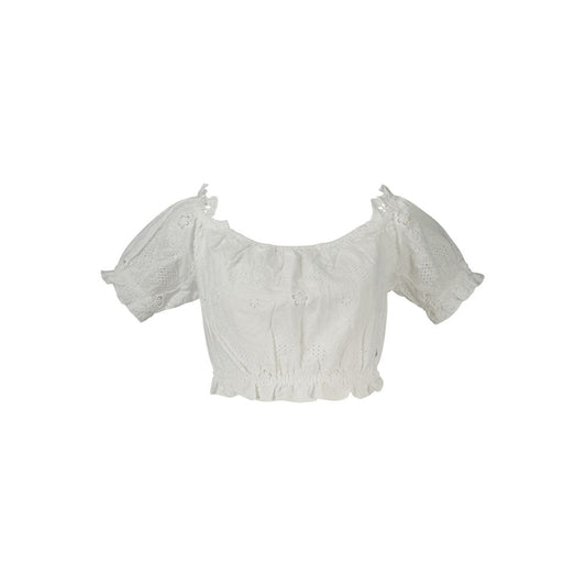 Blouse by Guess Jeans for women in cotton white showcases a sleek silhouette, elegantly detailed with a sleek boat neckline and short-sleeve for a sleek finish.