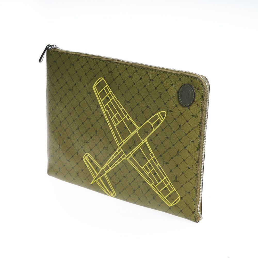 Clutch Handbag by Trussardi for men in leather green features a sculptural silhouette with a secure zipper, ample built-in-compartments, and versatile for a sculptural finish.