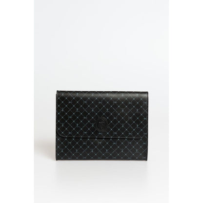 Clutch Handbag by Trussardi for men in polyester black features a statuesque silhouette, showcasing a secure magnetic & button and organized built-in-compartments with versatile for statuesque evening wear.