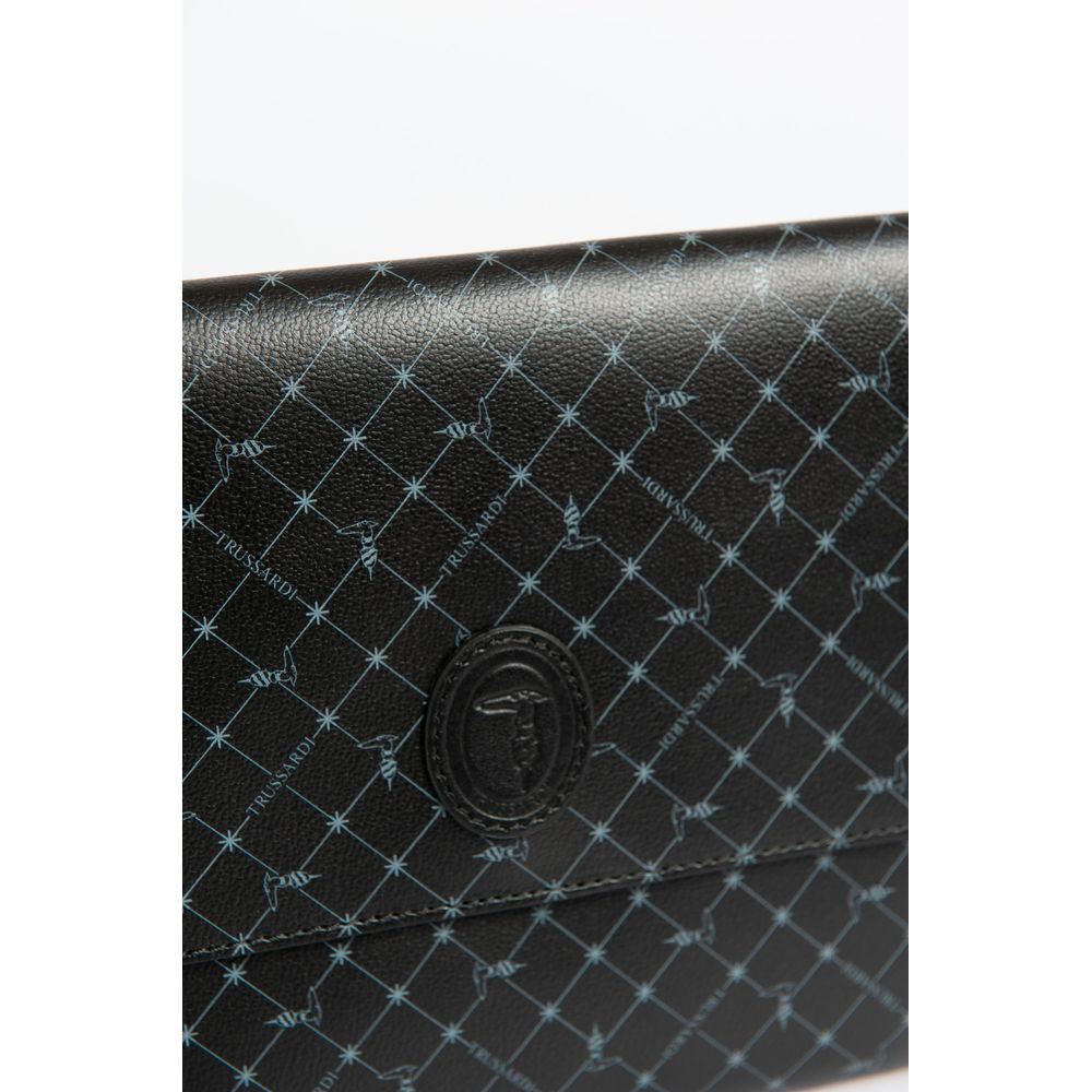 Clutch Handbag by Trussardi for men in polyester black showcases a sculptural silhouette, featuring a secure magnetic & button, ample built-in-compartments, and versatile for a sculptural finish.