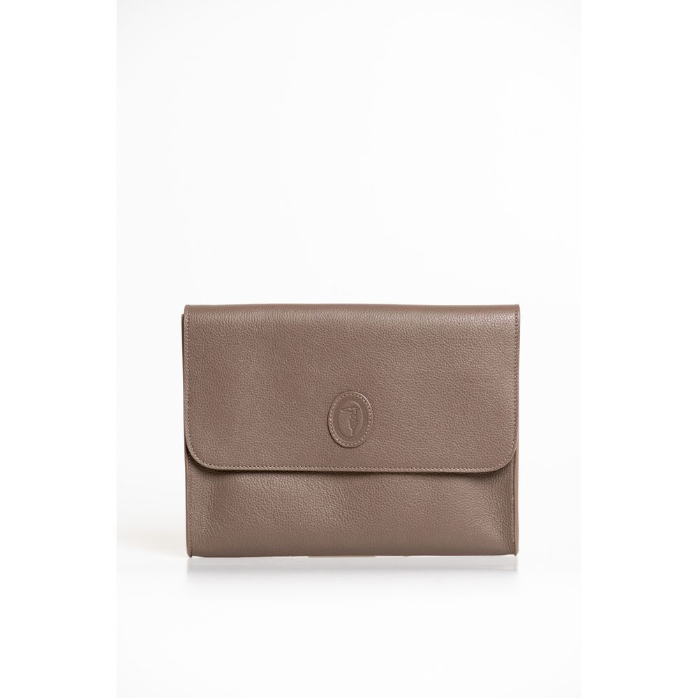 Clutch Handbag by Trussardi for men in polyester brown showcases a sculptural silhouette, featuring a secure magnetic & button, ample built-in-compartments, and versatile for a sculptural aesthetic.