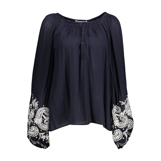 Shirt by Kocca for women in viscose blue showcases a sublime silhouette, artfully detailed with a sublime wide-neck neckline and long-sleeve for a sophisticated, sublime finish.