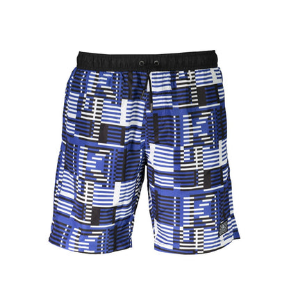 Swim Shorts by Karl Lagerfeld for men in polyester and blue showcases a sinuous silhouette, expertly cut for a sinuous fit as part of the Men's Polyester Swim Shorts collection.