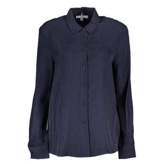 Dress Shirt by Tommy Hilfiger for women in viscose blue features an architectural silhouette with a refined long-sleeve and elegant for a architectural look.