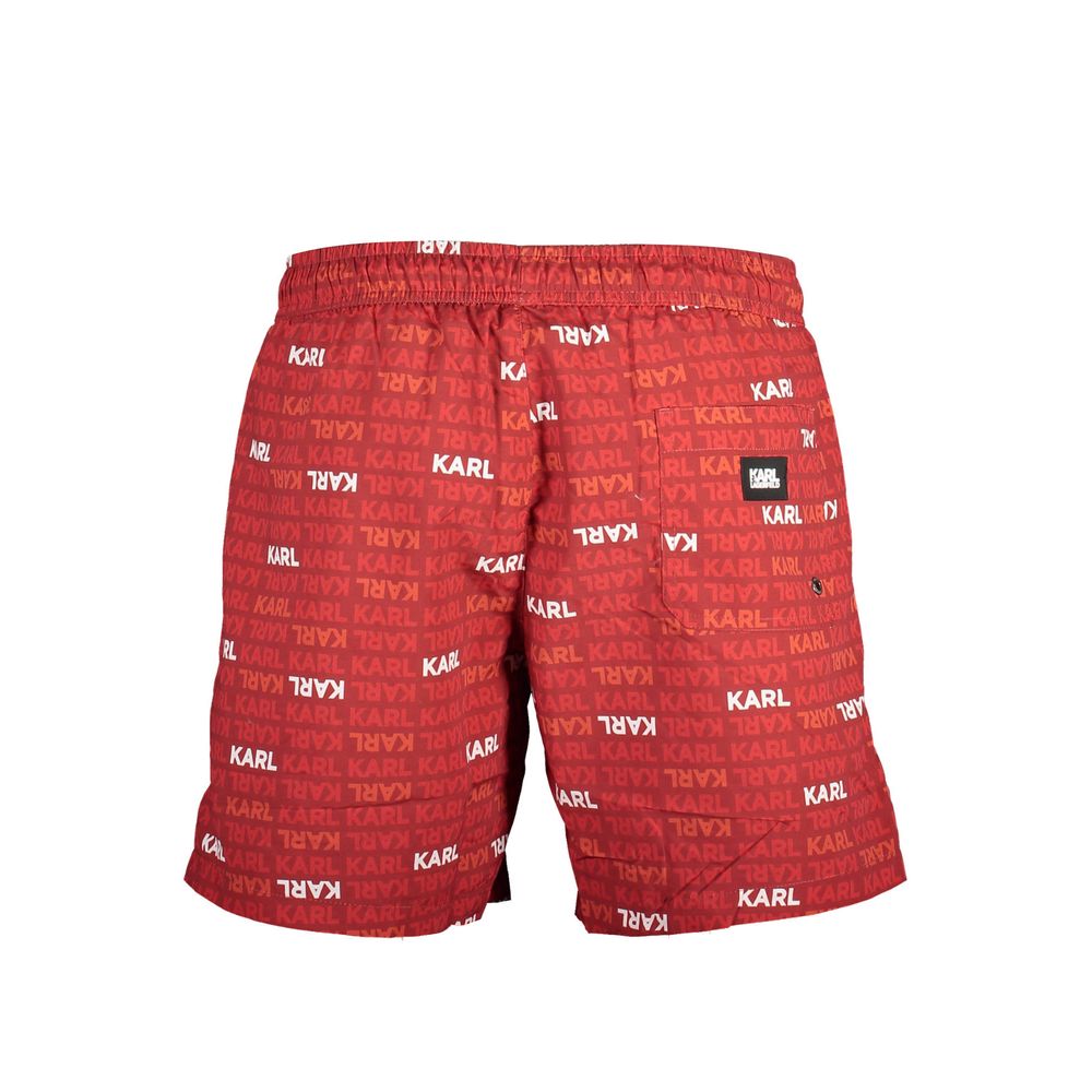 Swim Shorts by Karl Lagerfeld for men in polyester red & print features an dramatic silhouette that defines the luxurious aesthetic and refined cut of the Men's Polyester Swim Shorts.
