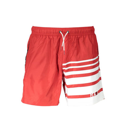 Swim Shorts by Karl Lagerfeld for men in polyester red & print showcases a sculptural silhouette, expertly capturing the sophisticated essence of the sculptural Men's Polyester Swim Shorts design for a premium poolside look.