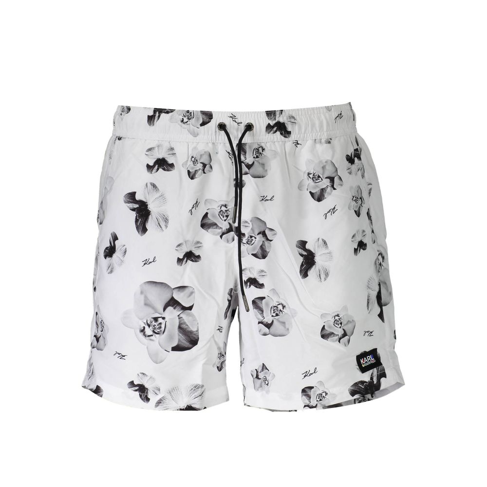 Swim Shorts by Karl Lagerfeld for men in polyester polyurethane denim white features an dramatic silhouette that defines the luxurious aesthetic and refined cut of the Men's Polyester Polyurethane Denim Swim Shorts.