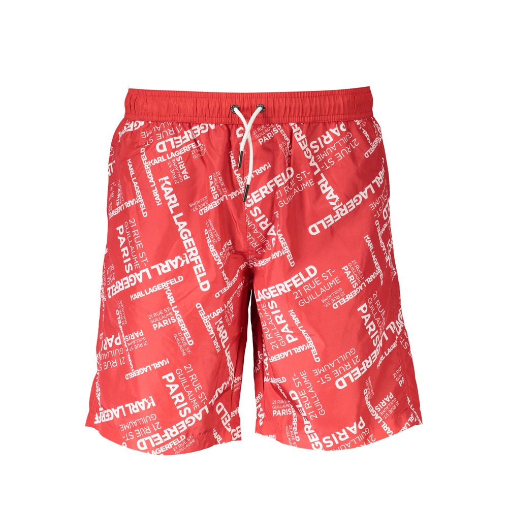 Swim Shorts by Karl Lagerfeld for men in polyester and red showcases a sinuous silhouette, expertly cut for a sinuous fit as part of the Men's Polyester Swim Shorts collection.