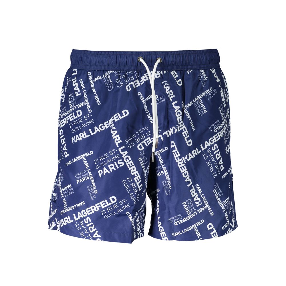 Swim Shorts by Karl Lagerfeld for men in polyester blue features an dramatic silhouette that defines the luxurious aesthetic and refined cut of the Men's Polyester Swim Shorts.