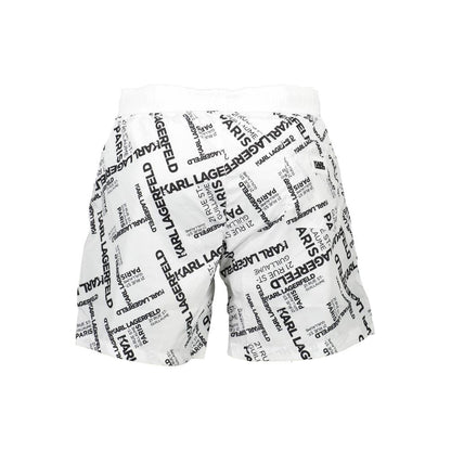 Swim Shorts by Karl Lagerfeld for men in polyester white features an dramatic silhouette that defines the luxurious aesthetic and refined cut of the Men's Polyester Swim Shorts.