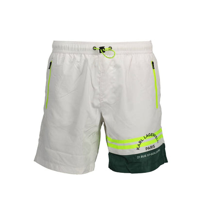 Swim Shorts by Karl Lagerfeld for men in polyester and white & print showcases a sinuous silhouette, expertly cut for a sinuous fit as part of the Men's Polyester Swim Shorts collection.