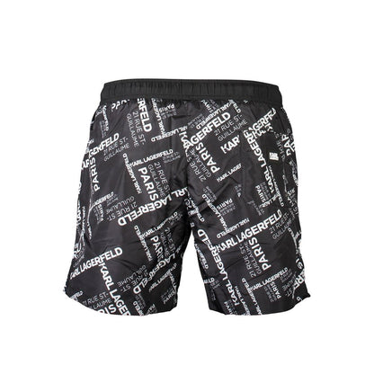 Swim Shorts by Karl Lagerfeld for men in polyester black features an dramatic silhouette that defines the luxurious aesthetic and refined cut of the Men's Polyester Swim Shorts.