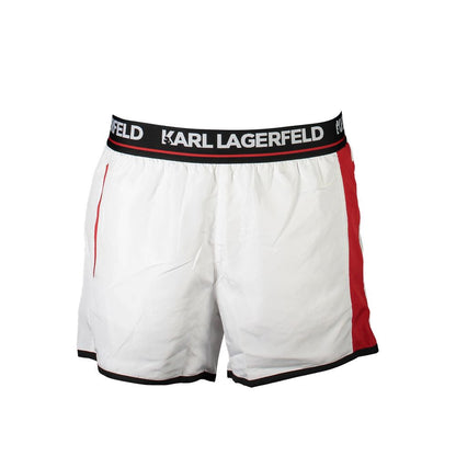 Swim Shorts by Karl Lagerfeld for men in polyester white presents a beach chic silhouette from the Men's Polyester Swim Shorts collection, showcasing a beach chic cut for a refined poolside look.