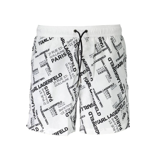 Swim Shorts by Karl Lagerfeld for men in polyester and white showcases a sinuous silhouette, expertly cut for a sinuous fit as part of the Men's Polyester Swim Shorts collection.